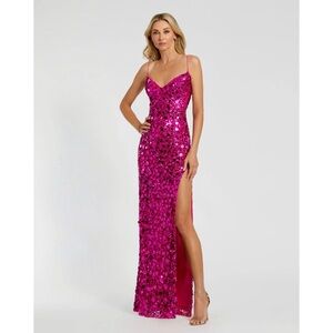 NWOT Mac Duggal Embellished Sequin Spaghetti Strap Sweetheart Gown Hot Pink Slit